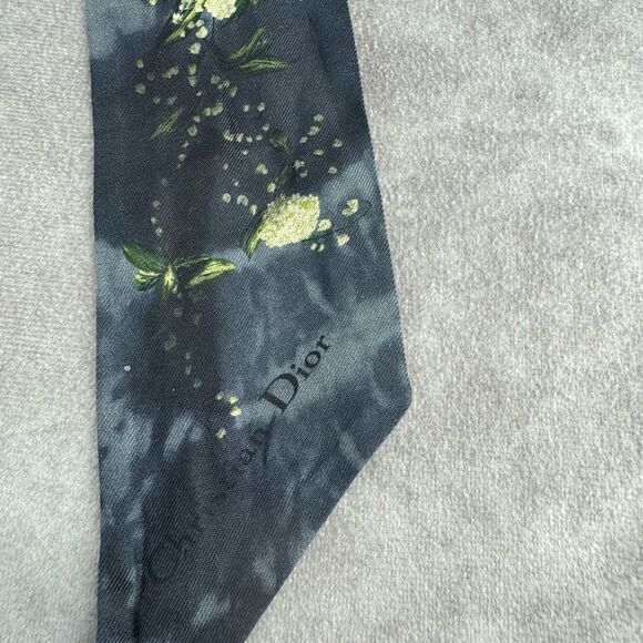 Christian Dior Mitzah Gray Floral Blue Silk Scarf Twilly - Picture 7 of 10